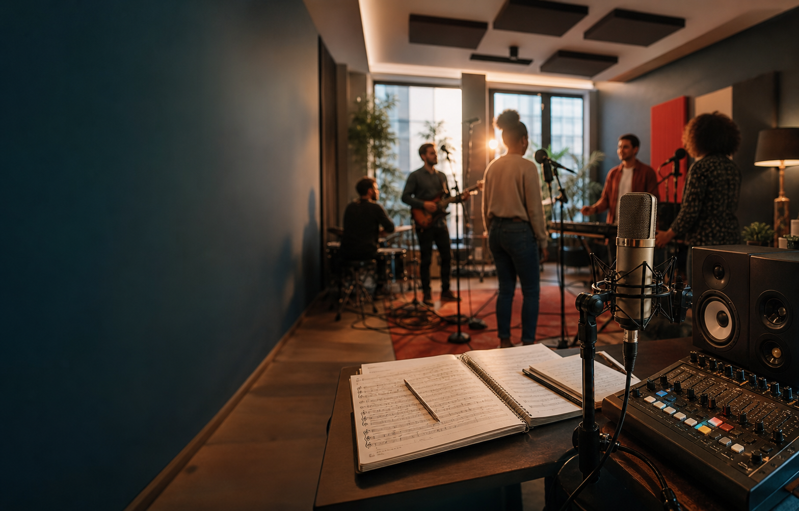 Studio de musique chaleureux avec micro, matériel d'enregistrement et musiciens en répétition